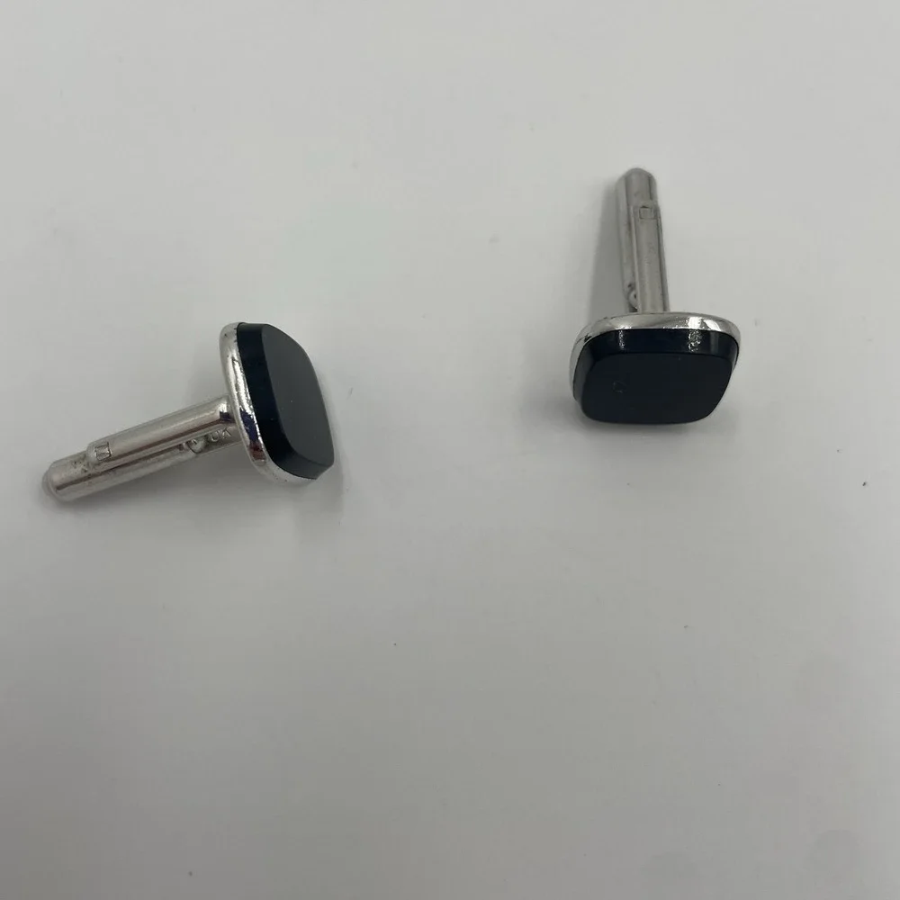 Vintage Black Onyx Men's‎ Cufflinks Silver Tone Square USA Eclectic Grandpa